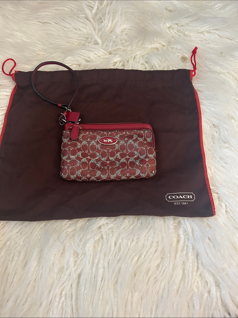 Coach Red Signature Jacquard Wristlet Coin Case